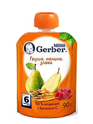 Фруктово-ягодное пюре GERBER Груша, Малина, Злаки (пауч), 6 мес